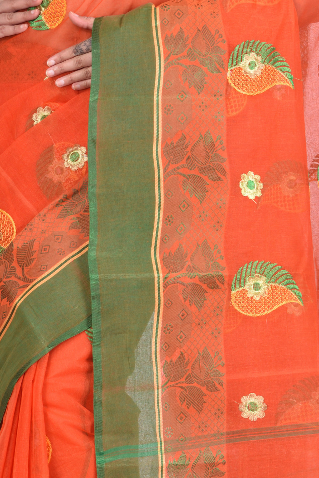 Orange Pure Cotton Shanko_Embro Tant Embroidery (664)